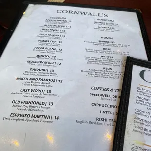 the menu and prices of the restaurant