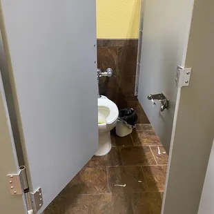 No toilet paper in filthy bathroom, first thing in the morning.