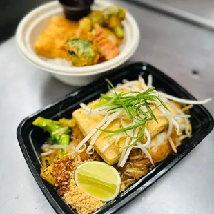 Vegan Pad Thai Noodle with Tofu  Vegan Veggies Tempura Combo  Explore full menu online for a quick takeout at www.corollabowls.com
