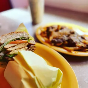 grilled chicken sandwich with chili cheese fries