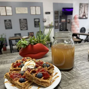 Protein waffles  
300-400 calories 
30 grs protein 

We have a special on Wednesday 
It's waffle Wednesday