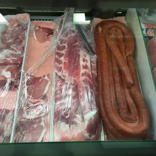 a display of meat and sausages