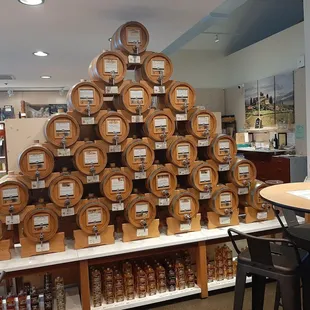 a display of wine barrels