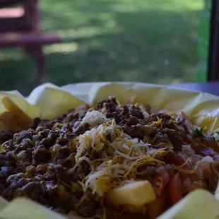 $5.99 carne asada fries and a peep of the outdoor seating in grassy area in the back ground