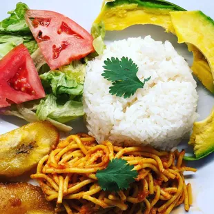 White rice, spaghetti, sweet plantain