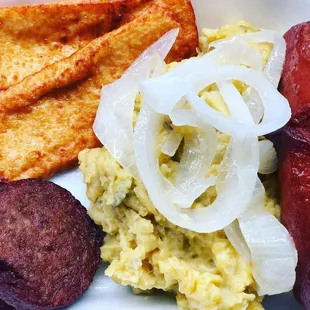 Mangu, salami, fried cheese and sausage