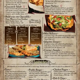 Corona's Menu Appetizers Sandwiches