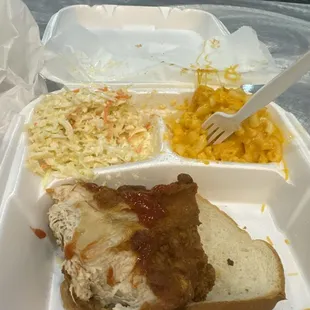 Sorry.  Started eating already  Two piece White Meat, mac&amp;cheese, with coleslaw.