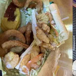 Shrimp Po Boy and Onion Rings.