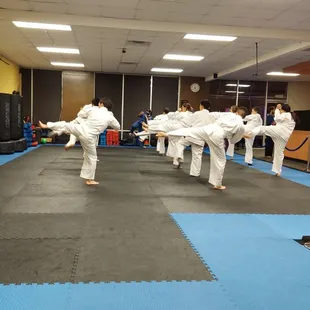 Teen and Adult class practicing Side Kicks