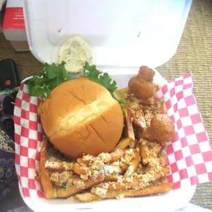 Beth's 5 STAR Corral's Grill  cheeseburger, garlic fries, deep fried mushrooms.