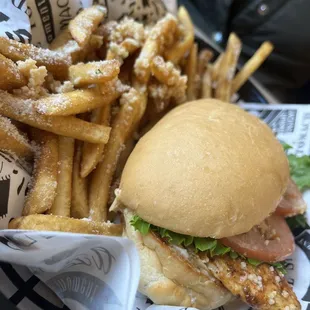 Cajun Chicken Sandwich with Garlic Fries.