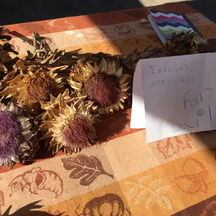 Jessica has a variety of items, including dried artichokes, for sail