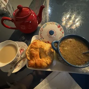 Green chile stew and chai tea