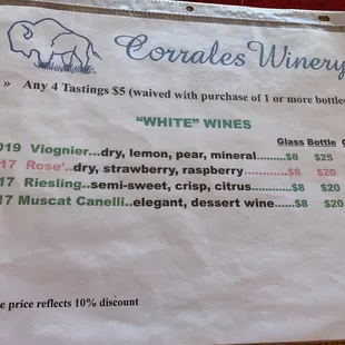 a menu for a wine tasting