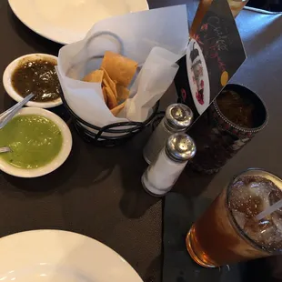 Chips and two salsas greet you @ Corralito.
