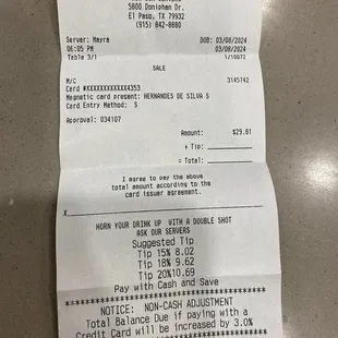 Receipt for half of the total