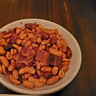 Spiced mixed nuts with bacon, yum!