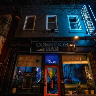 the front of the building at night