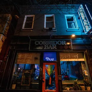 the front of the building at night