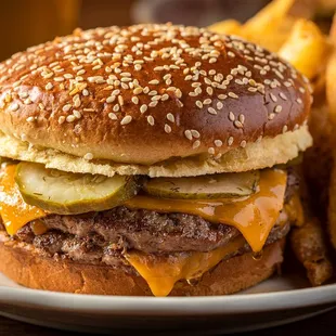 a cheeseburger and fries