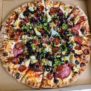 Family sized combination pizza, very dry, barely any sauce
