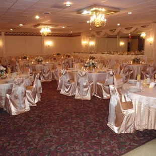 tables covered in gold cloths