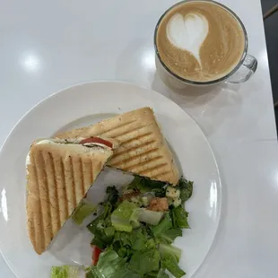 Caprese panini with house salad and hazelnut latte