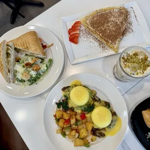 Cortado sandwich, Eggs benedict Florentine, and Tiramisu crepe--all made for a very good breakfast experience!