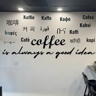 A graphic wall displaying the word "Coffee" in various languages.