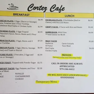 a menu for breakfast and lunch