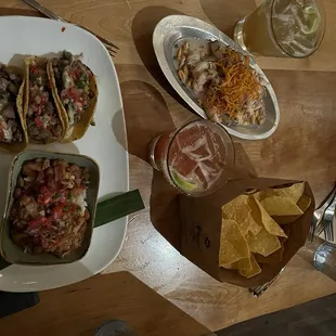 Beef tacos and shrimp ceviche