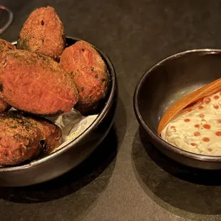 Seaweed donuts with trout roe and cream cheese