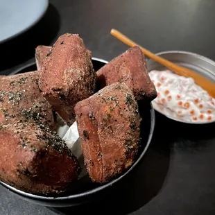 Seaweed donuts with trout roe - the little spheres POP in your mouth!