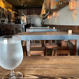 a glass of water on a table