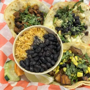 Vegan tacos and rice and beans. Yum!
