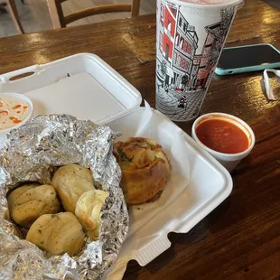 a tray of food and a drink