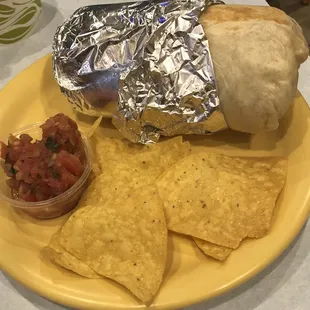 Burrito, chips, and salsa