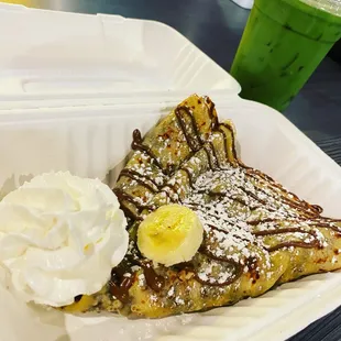 Nutty banana crepe and a lavender iced matcha