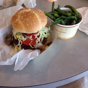 Veggie burger with a side of green beans