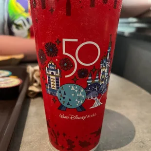 a red cup with the number 50 on it