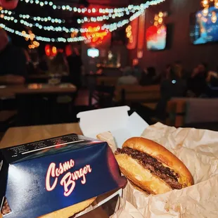 a box of cheeseburger on a table
