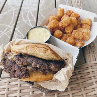 Double Cosmo Burger and Tots