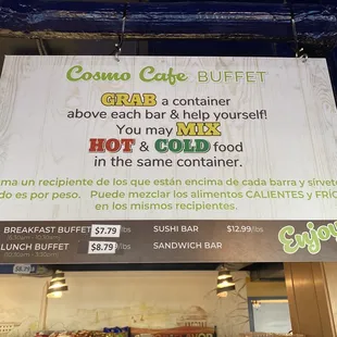 Cosmo Cafe buffet instructions &amp; pricing