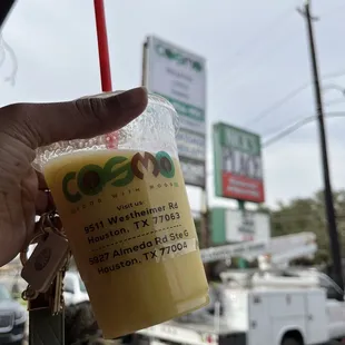 Mango smoothie that also mentions locations