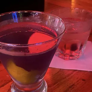 Aviation: Blue Coat Gin, lemon, maraschino liqueur, and creme de violette &amp; Tequila Sour