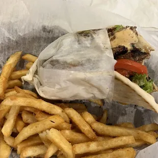 Jerk chicken pita with fries