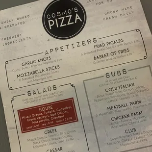 the menu for the restaurant