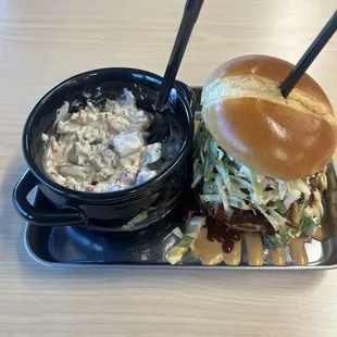 Pulled pork and coleslaw sandwich, out of this world potato salad