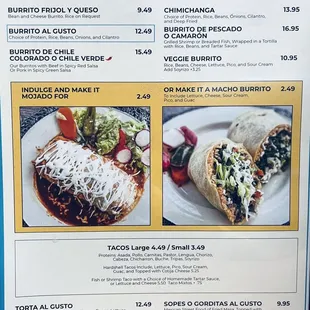 Burritos, Tacos, and Tortas menu (as of 11/2023)